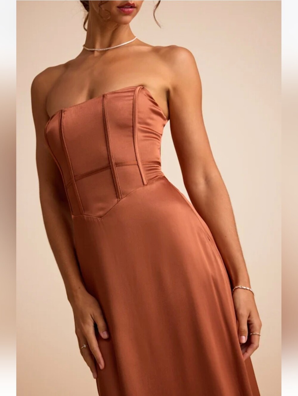 Lulus Extraordinary Presence Rust Brown Satin Strapless Maxi Dress - Size L - Picture 4 of 4